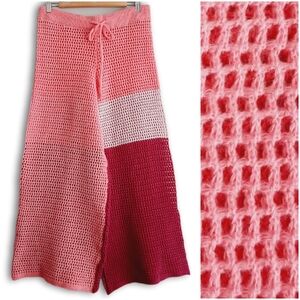 CROCHET Boho Wide Leg Crop Ankle Pants Net Beach Trousers Colour-block Pink Sz L